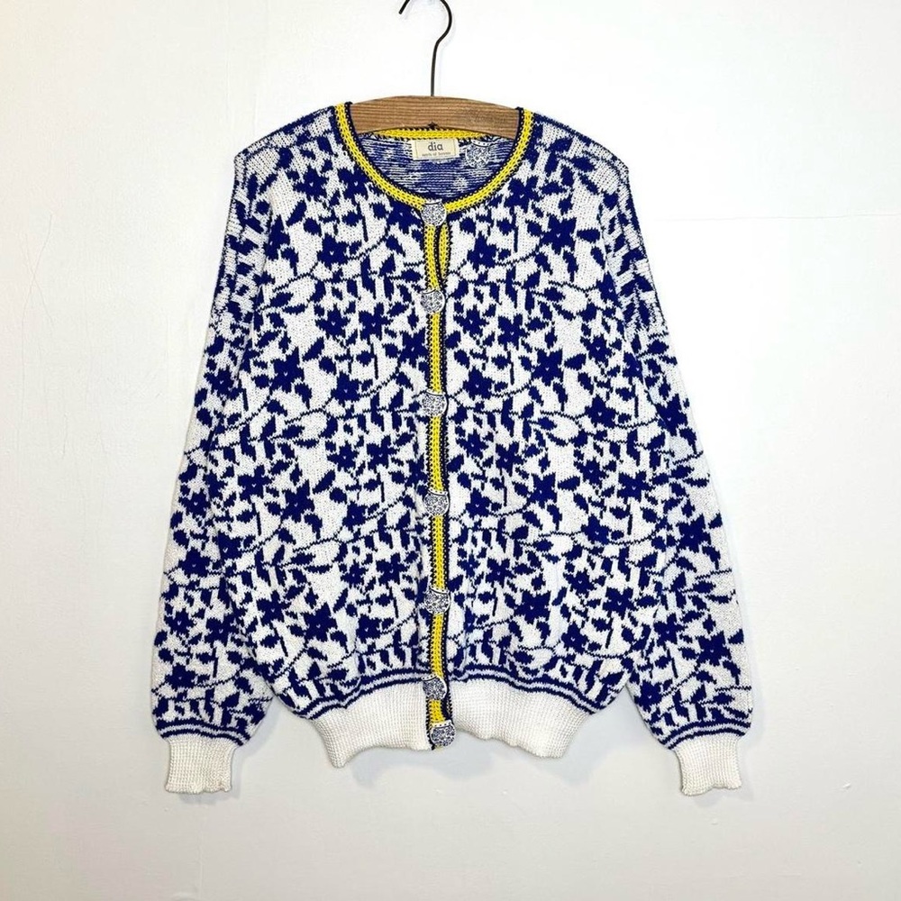 Dia North of Boston floral knit cardigan sweater button up royal blue large
